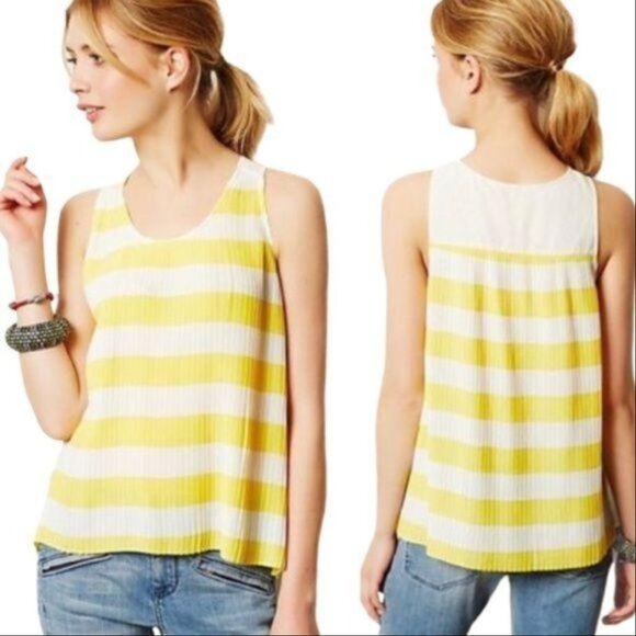 Anthropologie Maeve Yellow and White Striped Pleated Tank. Size 2 - Picture 2 of 8